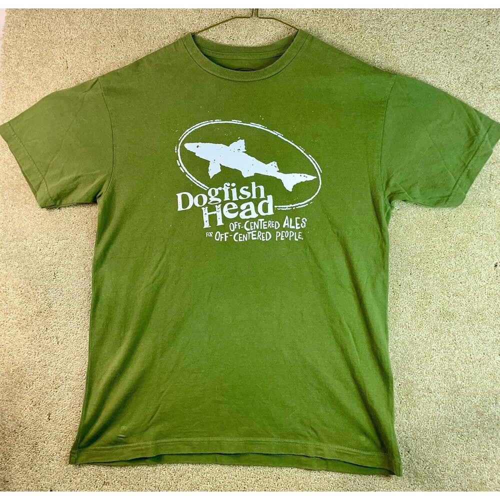 Dogfish Head T Shirt Mens Medium Green Made In USA Off Centered Ale Craft Beer